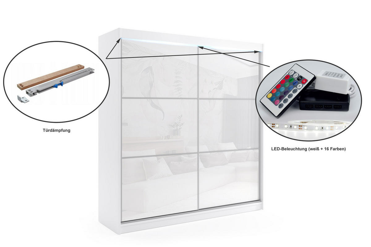 KLEIDERSCHRANK mit Lacobel-Schiebetüren und Aluminium- Leisten, LED-Beleuchtung - VIVONA - 200 cm Schwarz - Schwarz, Holzwerkstoff (200/216/61cm) - ALTDECOR
