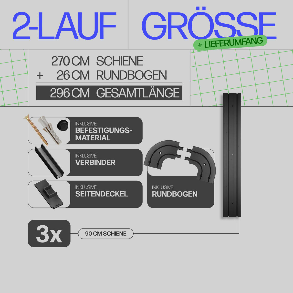 GARDINENSCHIENE inkl. Rundbögen 270cm (3x90cm) 2-läufig - Schwarz, Kunststoff (10/1.8/270cm)