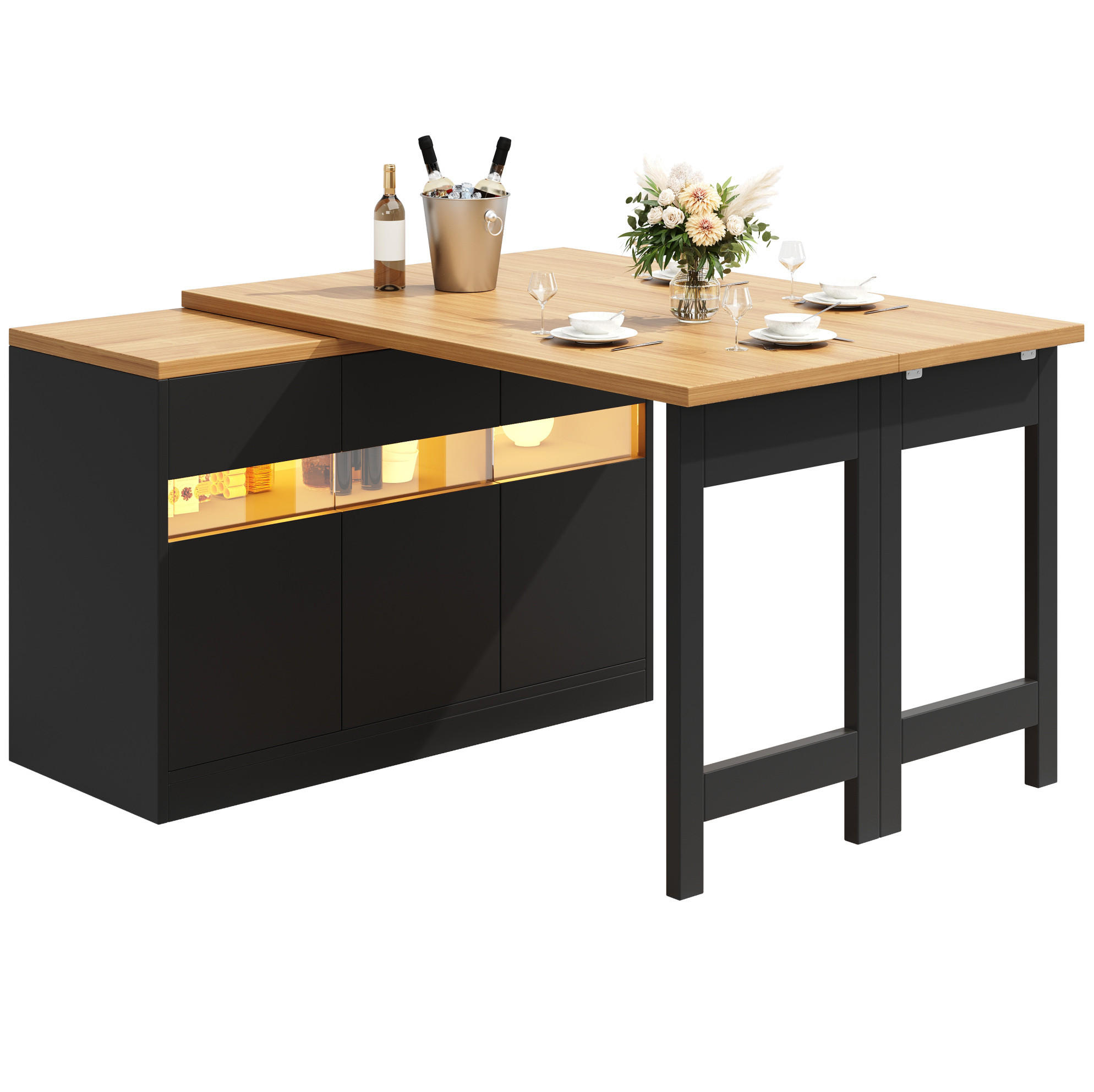 KÜCHENINSEL aus MDF 120-180x40x71,5 cm in Schwarz/Natur mit LED - Schwarz, Holzwerkstoff (180/71.5/40cm) - Modfu