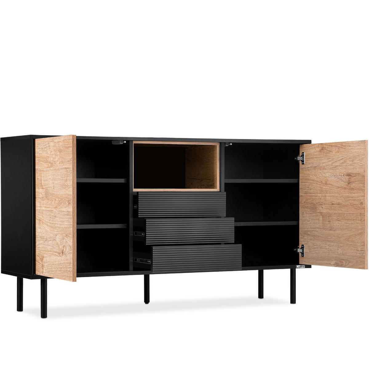KOMMODE LOFTY Außenseiteneinlage, schwarz / Eiche natur - Eichefarben/Multicolor, Holzwerkstoff (151/84/41cm) - KONSIMO®