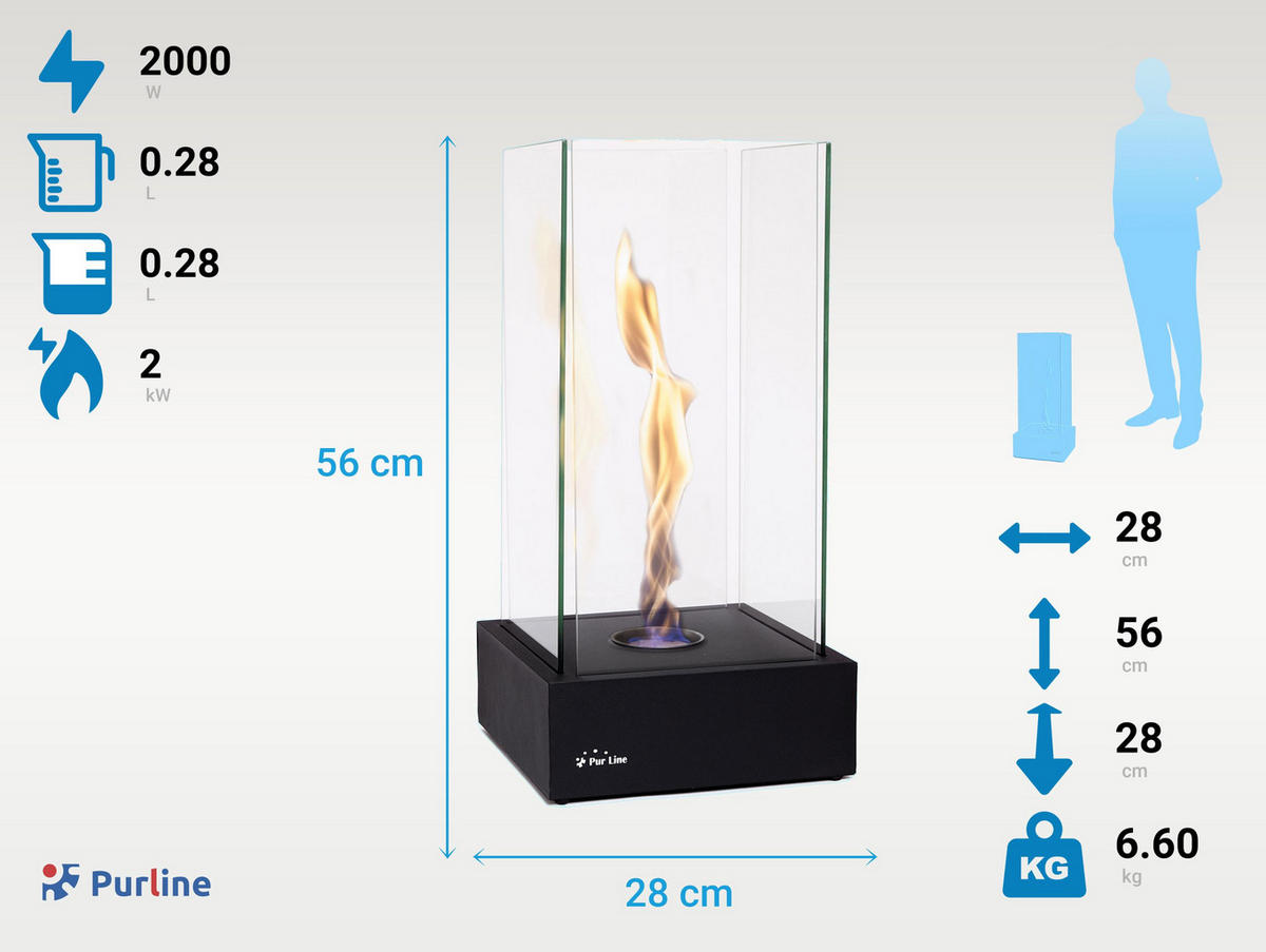 BIOETHANOL-KAMIN Schwarz Tischmodell inklusive 0.28 L Brennblock - Schwarz, Glas (28/56/28cm) - Purline