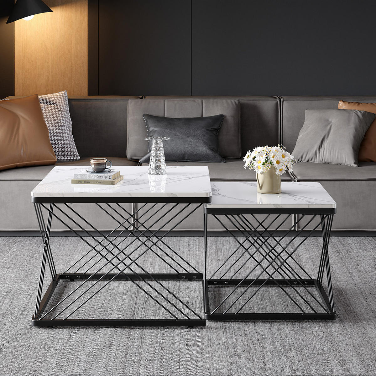 COUCHTISCH Set 2-tlg Quadratisch Hochglanz Marmoroptik Höhenverstellbar 30kg - Weiß, Holz (81.99/70/17.5cm) - FLIEKS