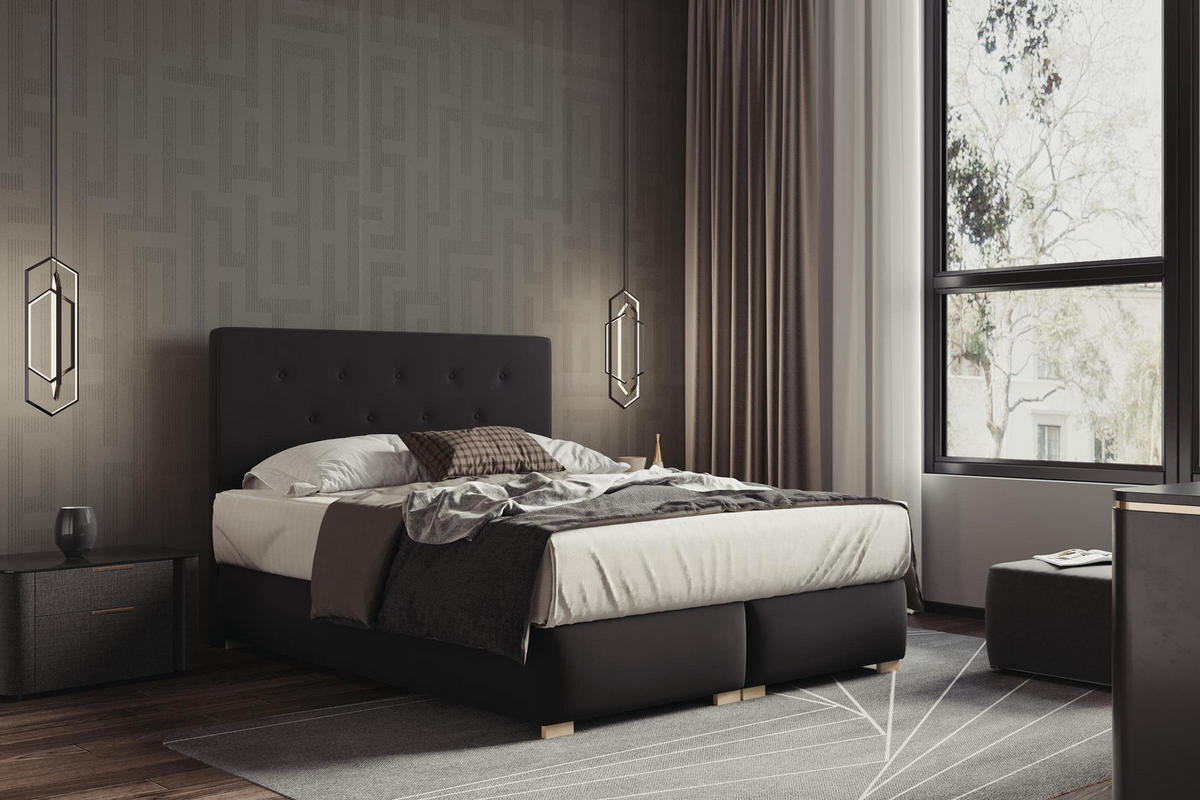 BOXBETT LUPIN, 200 x 200 cm, Double Bed für Schlafzimmer, Elegant Matratze und Bettkasten, Schwarz - Schwarz, Holz/Textil (200/200cm) - Trada
