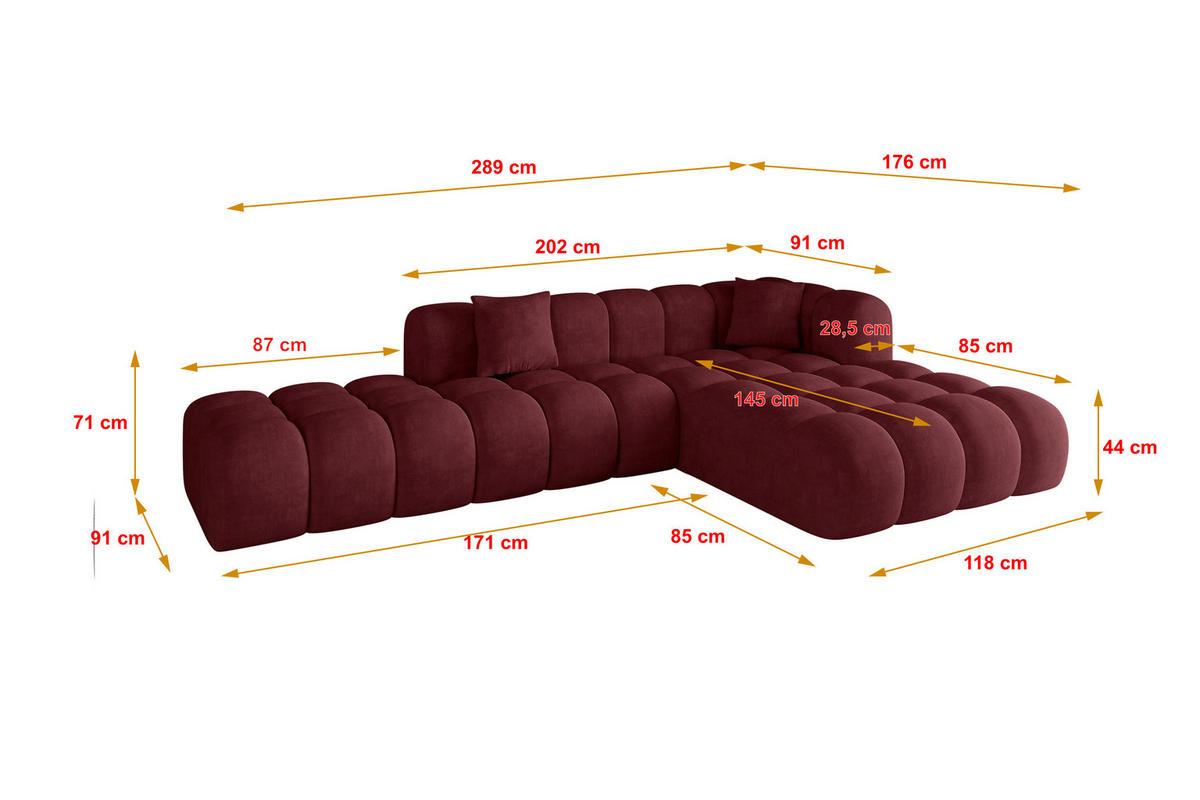 ECKSOFA Ottomane Rechts OLEA-L2 - 289x176x71 cm Bordeaux - Bordeaux/Schwarz, Holzwerkstoff/Kunststoff (289/176cm) - ALTDECOR