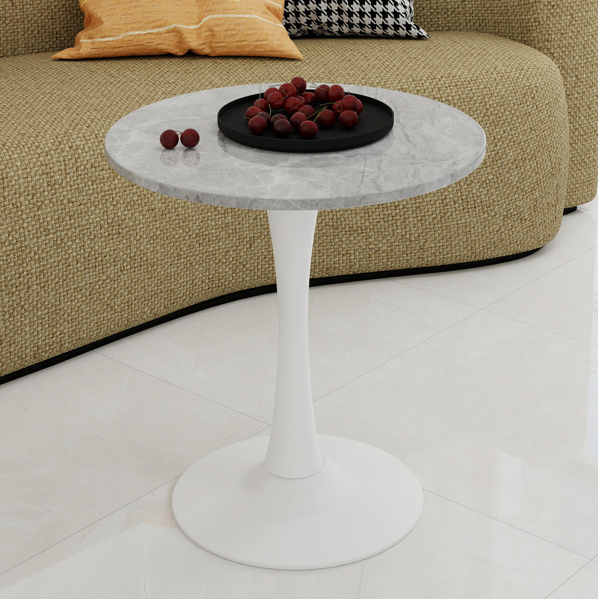 COUCHTISCH 70,1 cm aus Kunstmarmor in Grau/Weiß–rund und modern - Grau, Stein (70/70/72cm) - Flora Grace