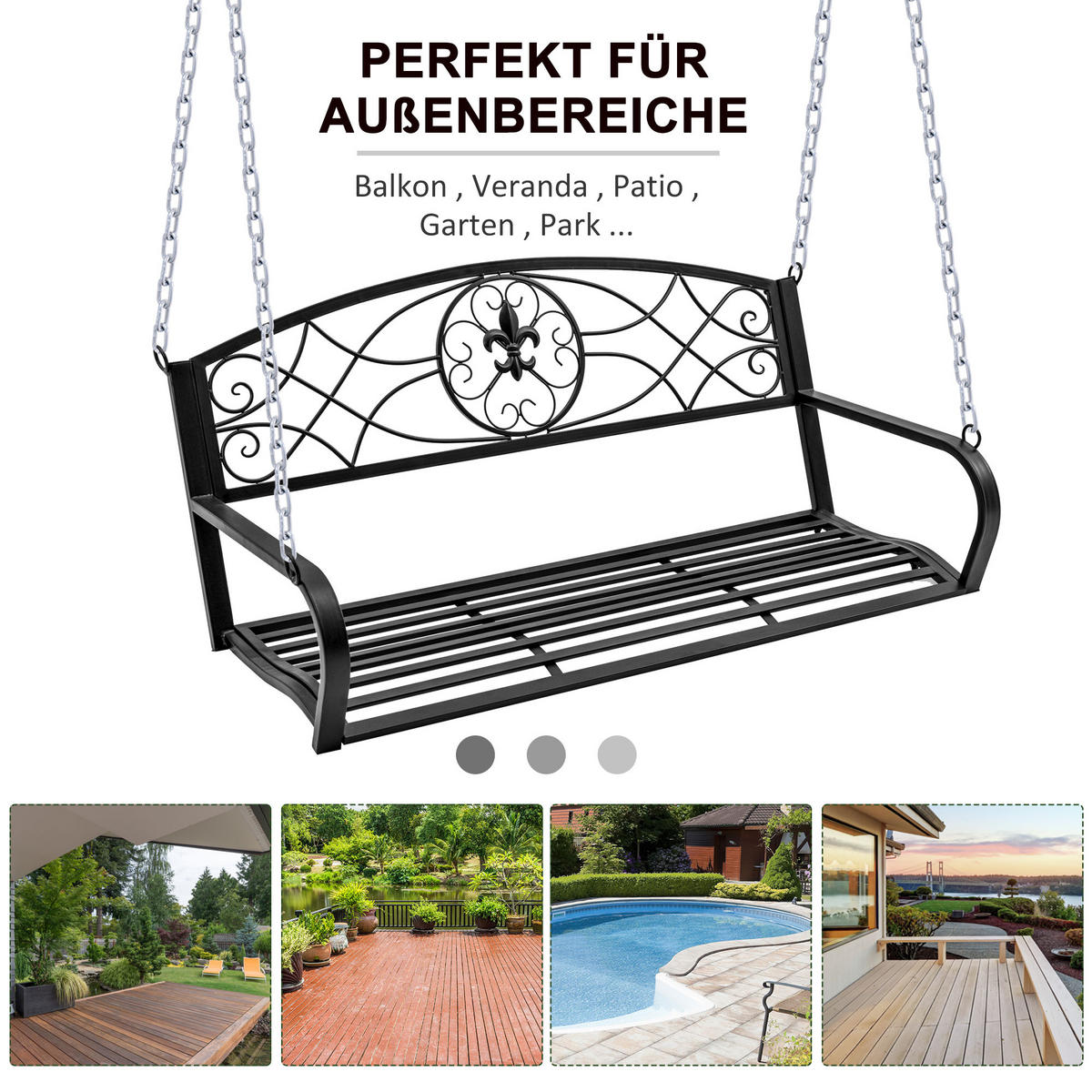 HÄNGEBANK, Metall, Schwarz+Silber - Silberfarben/Schwarz, Metall (63/58/132cm) - Outsunny