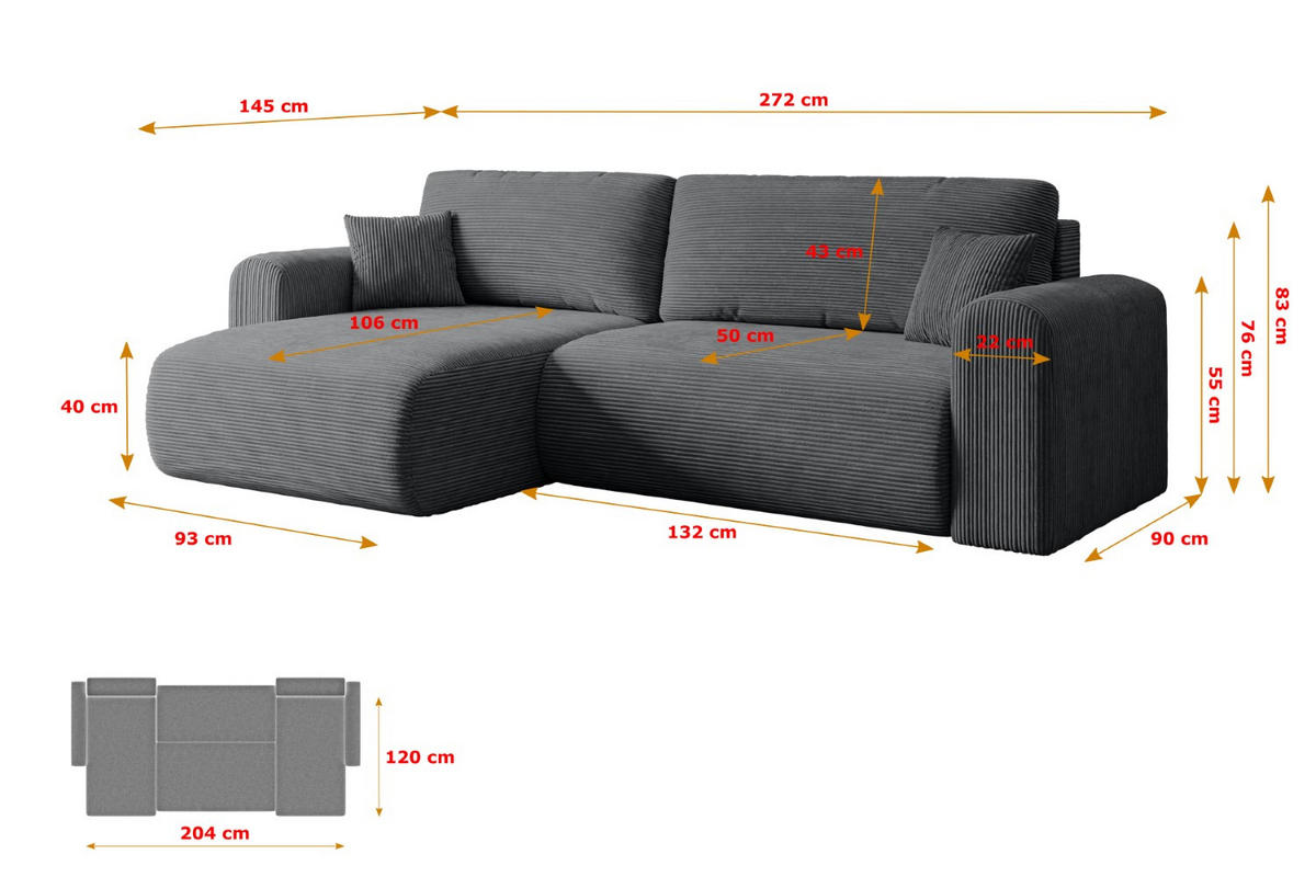 ECKSOFA mit Schlaffunktion und Bettkasten ORRO-L - 272x145x83 cm Dunkelgrau Cord - Dunkelgrau/Schwarz, Holzwerkstoff/Kunststoff (272/145cm) - ALTDECOR