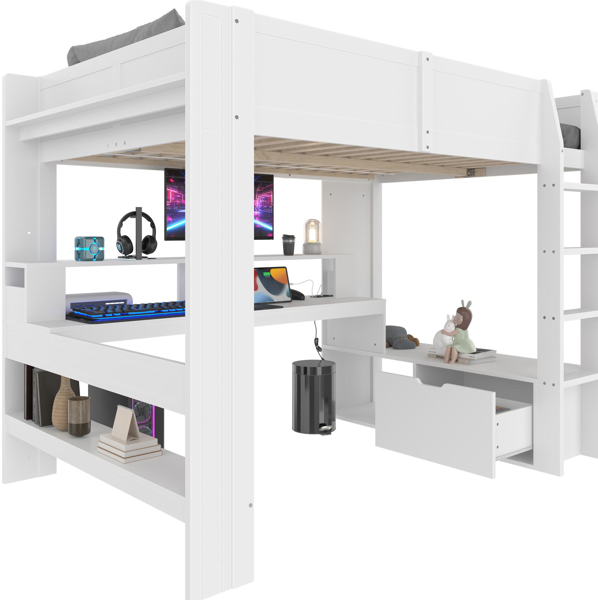 HOCHBETT 140/200 cm mit Schreibtisch, Regal, Schublade und LED-Beleuchtung aus Massivholz, Weiß - Weiß, Holz (140/200cm) - Redom