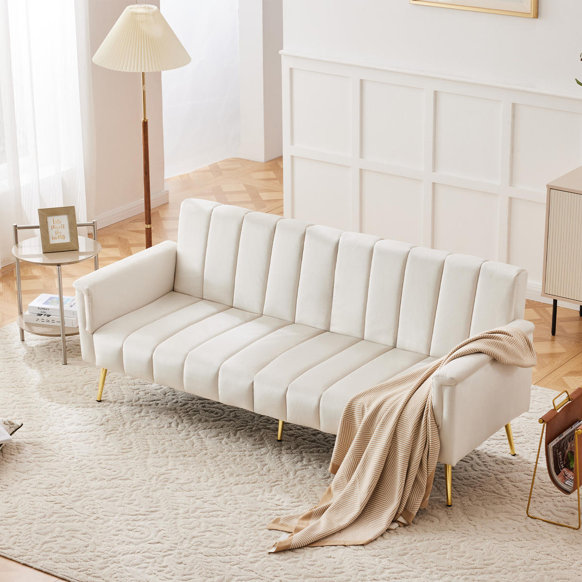 SOFA Schlaffunktion Klappbar Beige Samtstoff Hilfsfüße Modern Gästezimmer - Beige, Holz (83.82/24.77/43.69cm) - FLIEKS