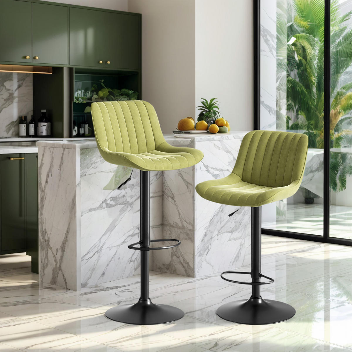 BARHOCKER 2er-Set Grün mit Samtbezug, höhenverstellbar und 360° drehbar - Grün, Metall (47/87/46cm) - PANGIVO