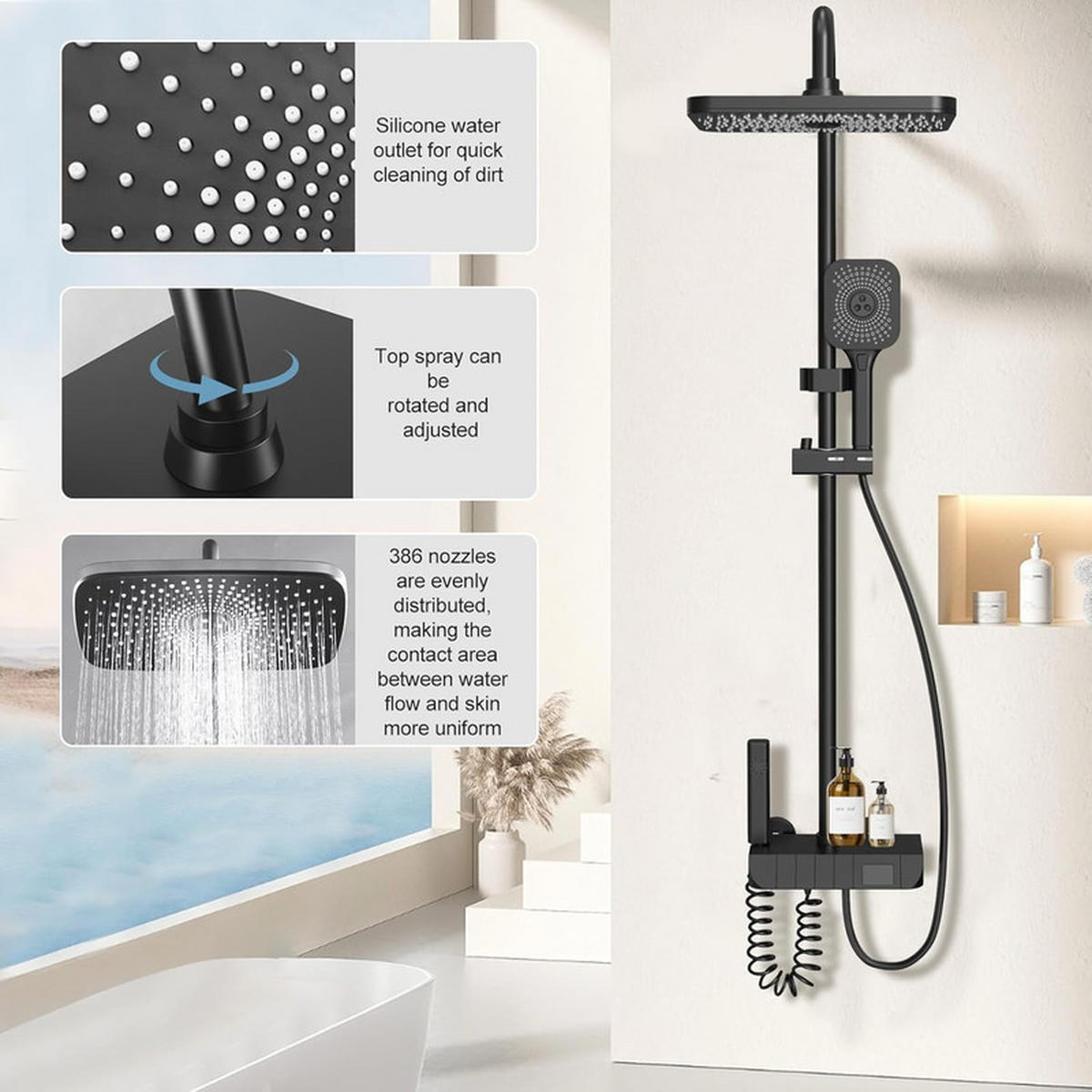 THERMOSTATISCHES Duschsystem 3 Funktionen mit Digitalanzeige Grau – Regendusche, Handbrause & Bidet, Piano-Tasten Bedienung, Badezimmer Armatur - Grau, Metall (18.5/120/27.5cm) - Kaket