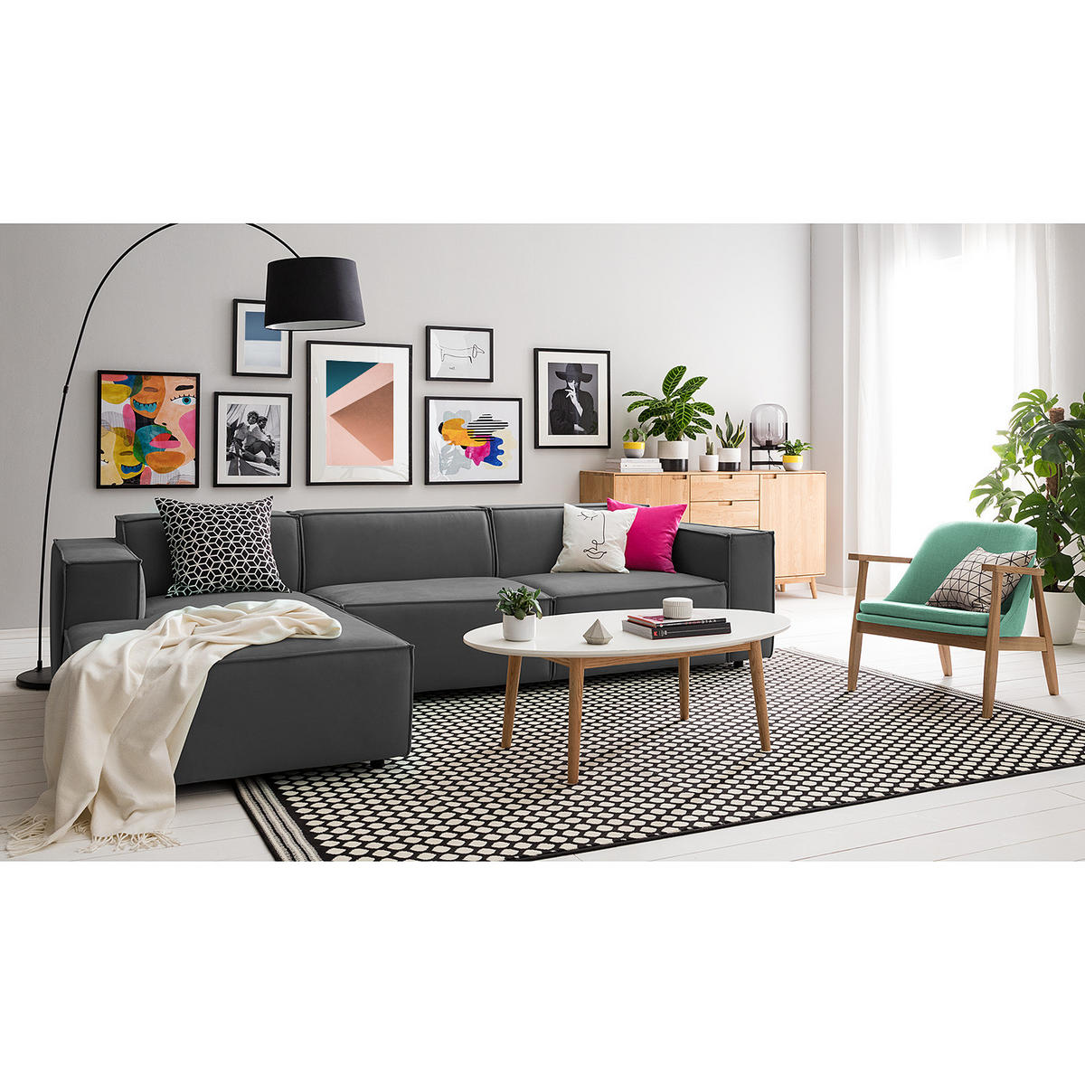 ECKSOFA mit Longchair - Schwarz/Grau, Kunststoff/Textil (294/177cm) - home24
