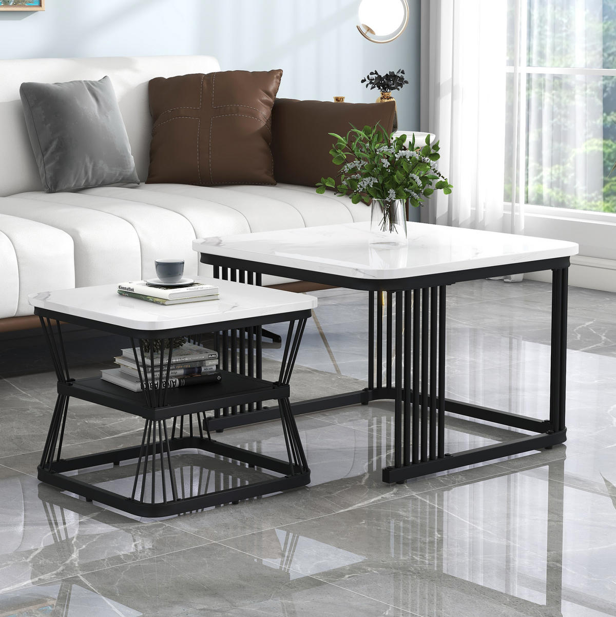 COUCHTISCH-SET aus MDF 65x65x45 und 45x45x39,5 cm Weiß mit Marmoroptik, 2-teilig und platzsparend - Weiß, Holzwerkstoff (65/65/45cm) - Modfu