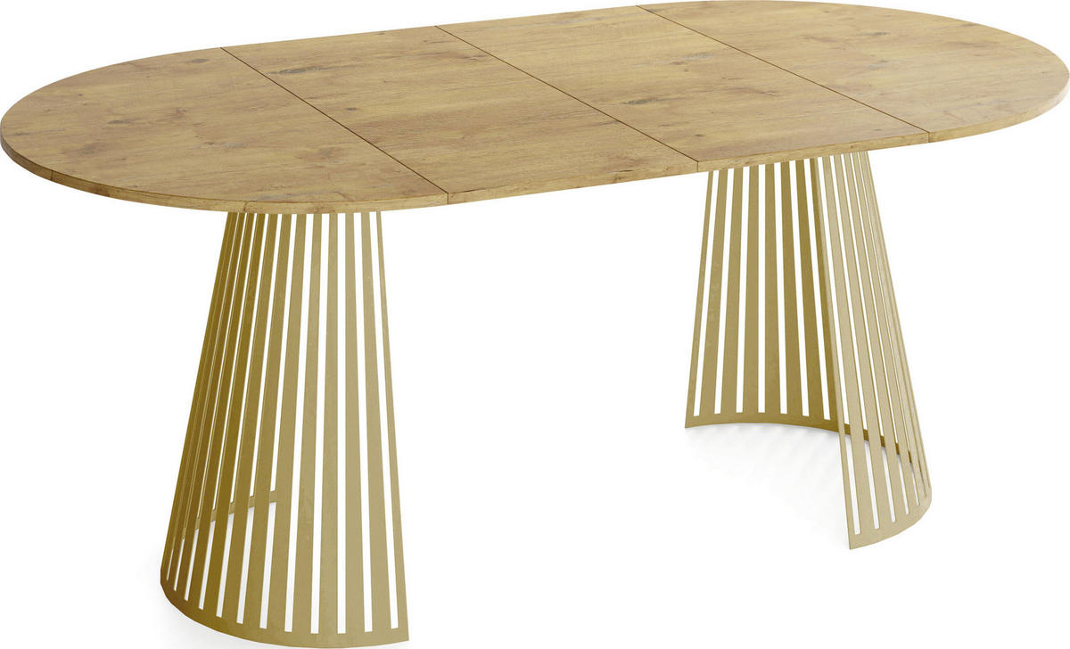 ESSTISCH Naro rund ausziehbar mit Goldenem Lamellen-Metallgestell, Braun 100-180/100/76 cm - Eichefarben/Goldfarben, Holzwerkstoff/Metall (100/100/76cm) - WFL GROUP