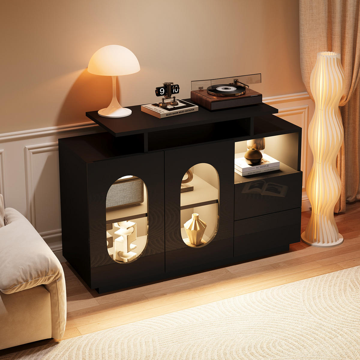 SIDEBOARD aus Holzwerkstoff 120x40x80 cm Schwarz mit LED-Beleuchtung, Glasvitrine und verstellbaren Einlegeböden - Schwarz, Holzwerkstoff (120/80/40cm) - Modfu