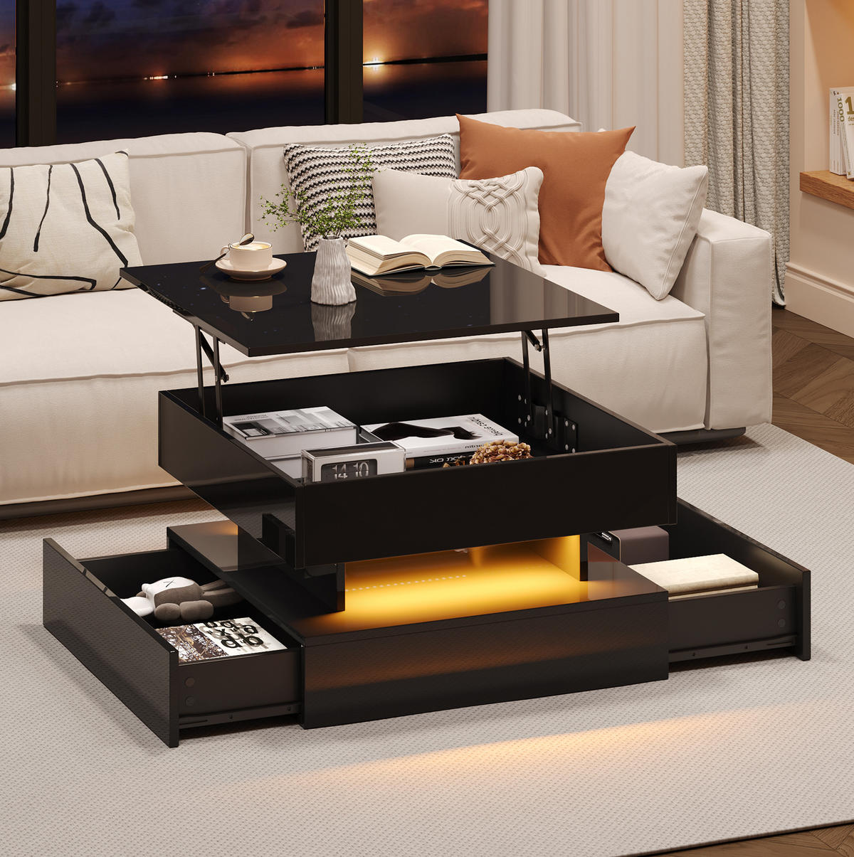 COUCHTISCH anhebbar 65 x 65 cm Hochglanz Schwarz mit LED und 2 Schubladen - Schwarz, Holzwerkstoff (65/65/38.5cm) - Meubliv