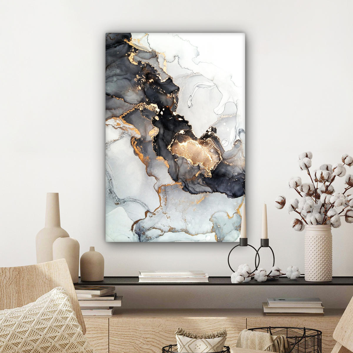 LEINWANDBILD Marmor - Schwarz - Weiß - Gold - Luxus - Abstrakt 60x90 cm - Goldfarben, Textil (60/90cm) - MuchoWow