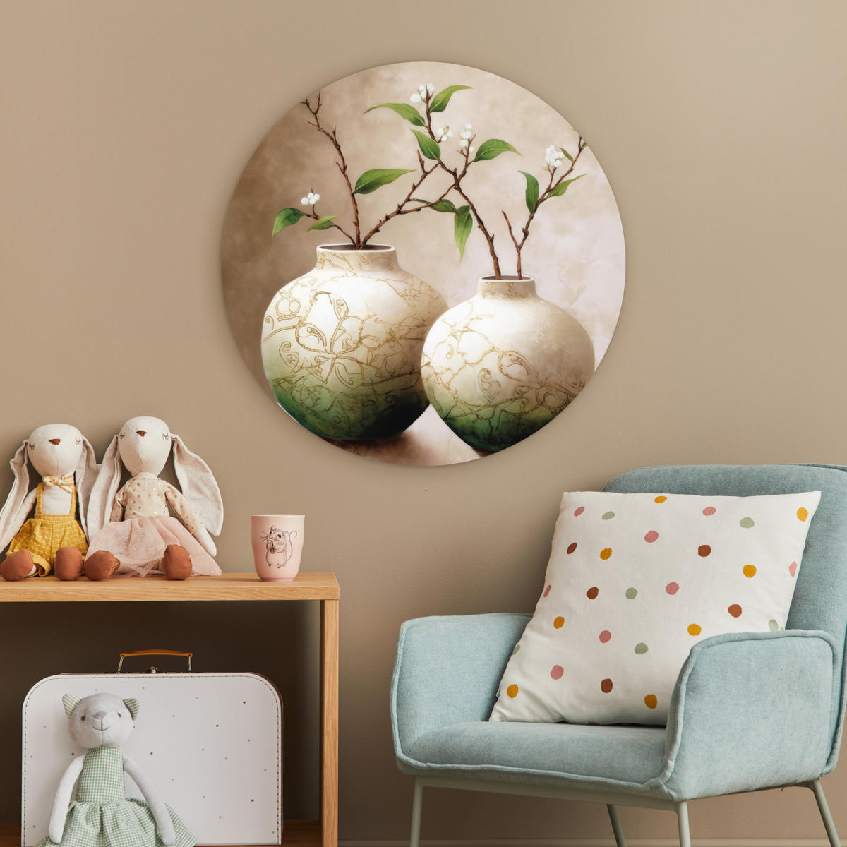 OKRUGLA ZIDNA SLIKA Slika vaze 60x60 cm - svijetlo bež, plastika (60/60cm) - MuchoWow