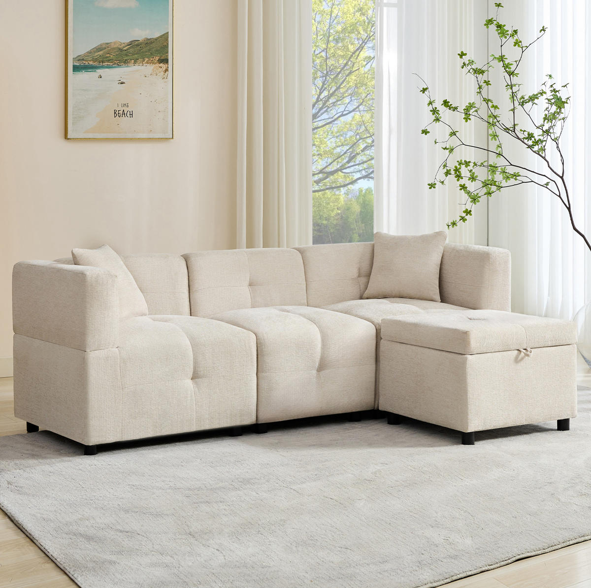 ECKSOFA 204/126/69 cm Beige aus Chenille mit Stauraum-Fußhocker - Beige, Textil (126/204cm) - OKWISH
