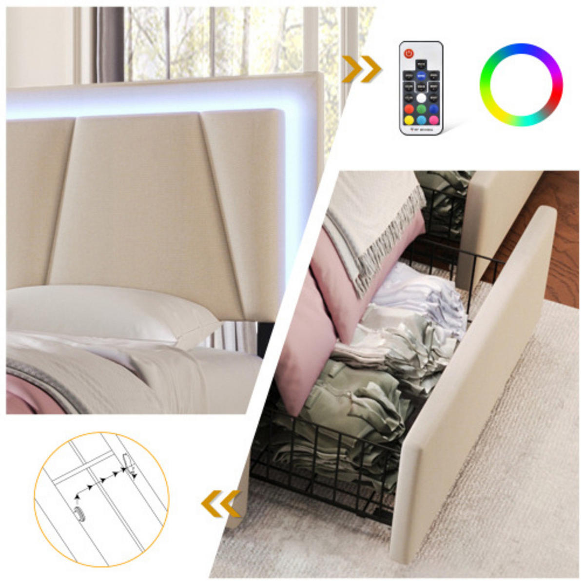 POLSTERBETT 140×200 cm aus Holz mit LED-Beleuchtung und vier Schubladen, beige - Beige, Holzwerkstoff (140/200cm) - Luhomfu