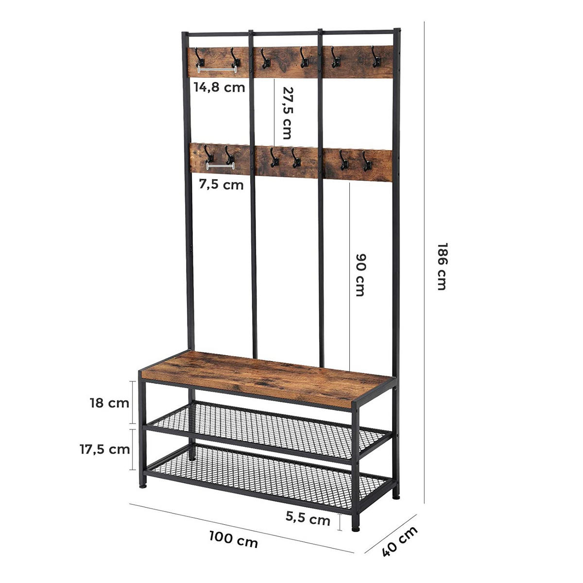 GARDEROBENSTÄNDER Schwarz 100x40 cm HSR86BX Mit Sitzbank Und Schuhregal - Schwarz, Metall (100/186/40cm) - Edanti
