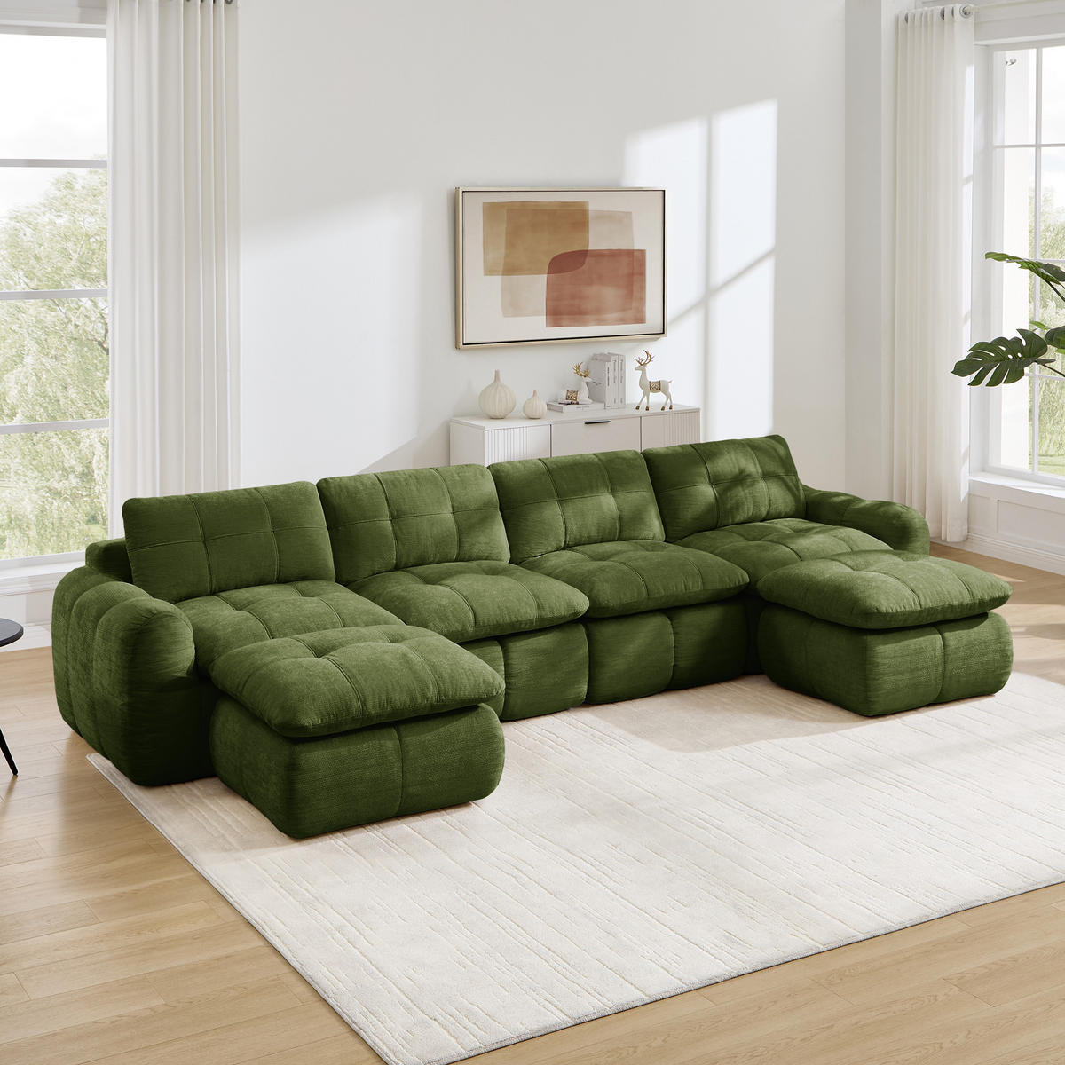 WOHNLANDSCHAFT DE-34464 U-Form mit 2 Ottomanen und Karostepp Grün - Grün, Textil (160/68.5/334cm) - ComfortXL