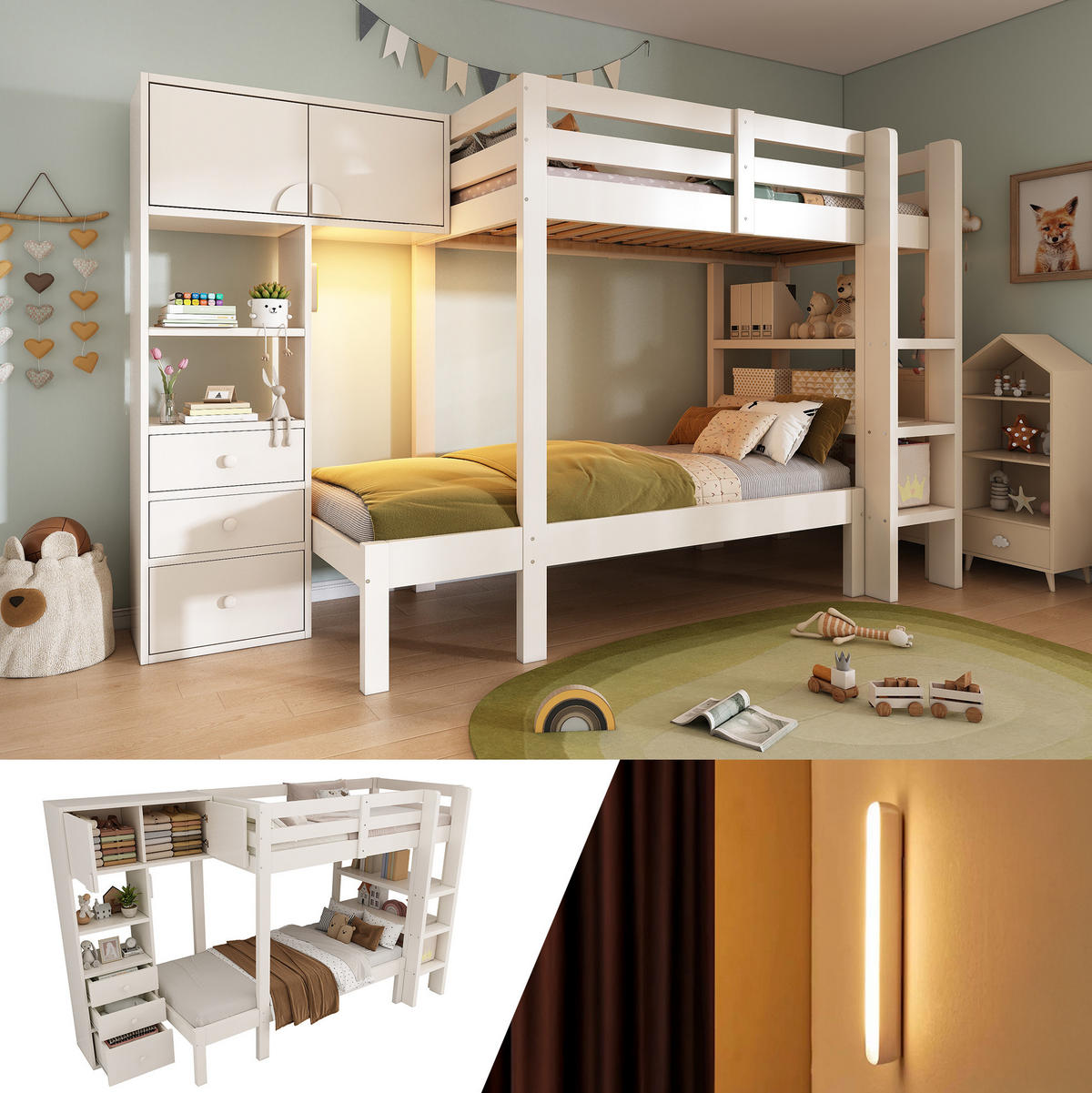 ETAGENBETT 90/200 cm aus Massivholz und MDF mit Nachtlicht und Stauraum Weiß - Weiß, Metall (90/200cm) - Modenvie