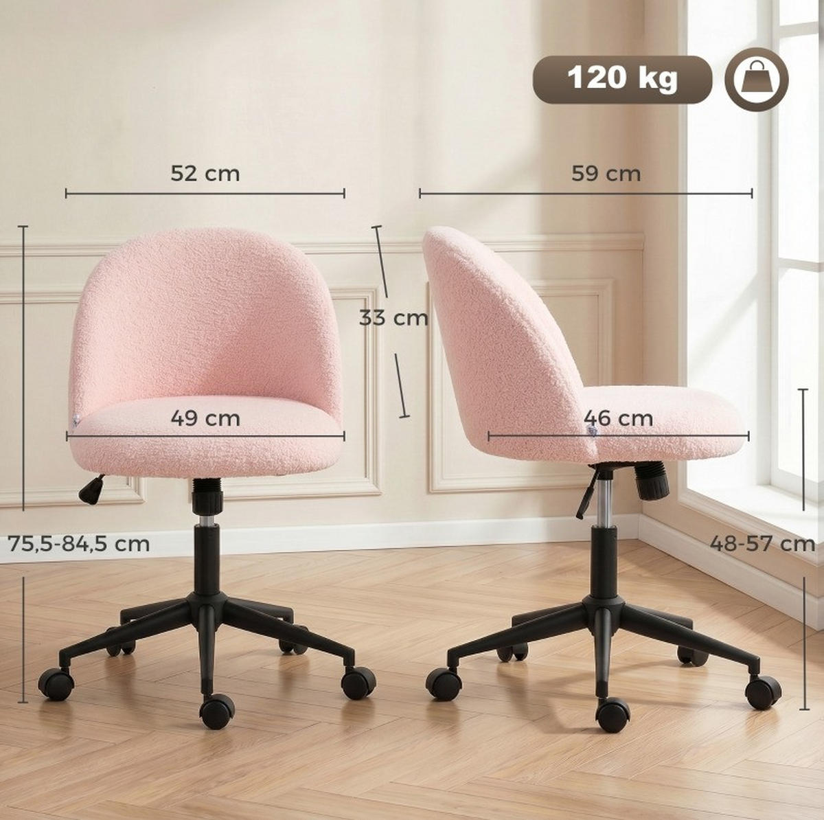 BÜROSTUHL in Rosa 52x59x84,5 cm mit Teddy-Fleece-Bezug, Neigungsfunktion und Höhenverstellung - Pink, Textil (59/84.5/52cm) - IVMEU
