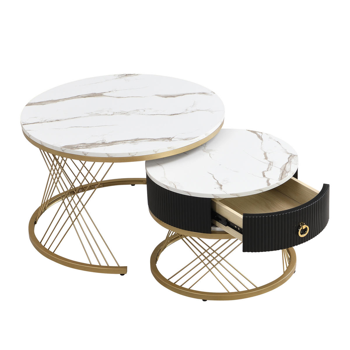 COUCHTISCH, MDF in Marmor-Optik mit Goldakzenten, modulare 2er-Komposition, 70/70/45 + 50/50/40 cm, Weiß und Gold - Weiß, Holzwerkstoff (70/70/45cm) - Redom