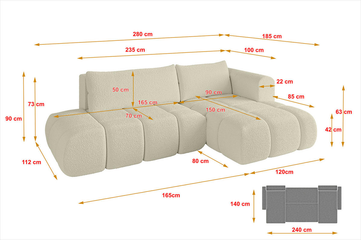 ECKSOFA Ottomane Rechts CLOUD-L 280x185x90 Beige Bouclé - Beige, Holzwerkstoff/Kunststoff (185/280cm) - ALTDECOR