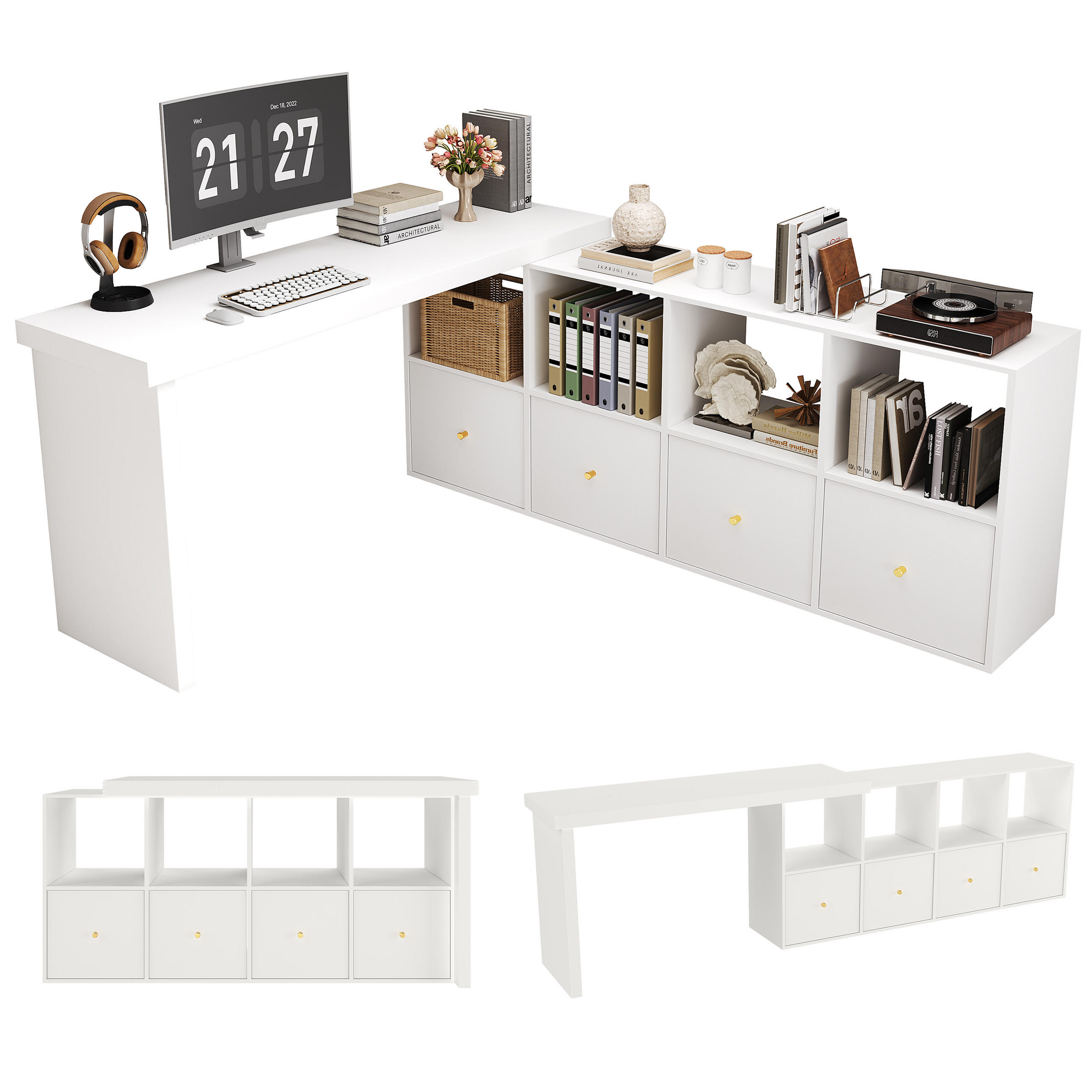ECKSCHREIBTISCH 360° schwenkbar mit Sideboard und Schubladen - Weiß, Holzwerkstoff (48/120/78cm) - Gisaae