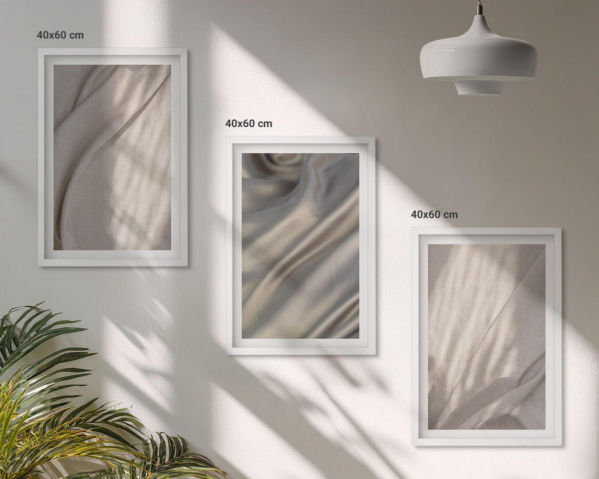 WANDBILDER 3er-Set - 40x60 cm Weißer Rahmen - Nahaufnahme von natürlichen Boho-Stoffen - Weiß, Kunststoff (40/60cm) - ArtPrintCave