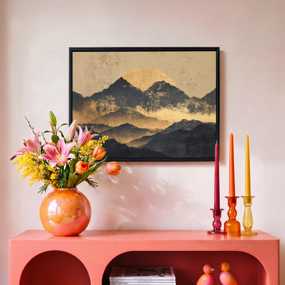 LEINWAND Bilder mit Rahmen - Goldene Berge bei Mondschein - 40x30 - Goldfarben, Textil (40/30cm) - MuchoWow