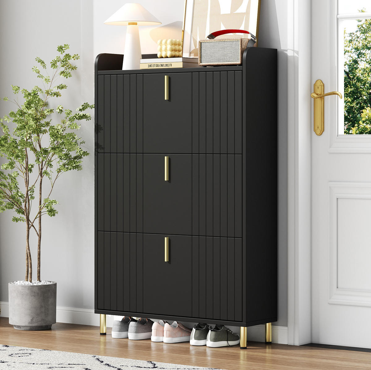 SCHUHSCHRANK mit 3 Klappen 80 x 23 x 123,5 cm MDF Schwarz - Schwarz, Holz (23.5/123.5/80cm) - Beauniv