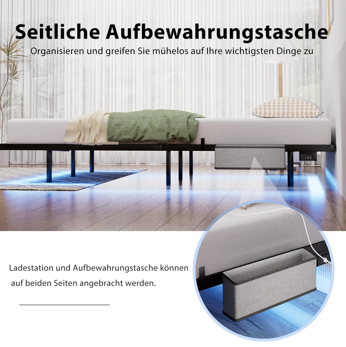 JUGENDBETT Metallbett 160/200 cm aus Stahl mit LED-Beleuchtung und Ladestation Schwarz - Schwarz, Metall (160/200cm) - Modenvie