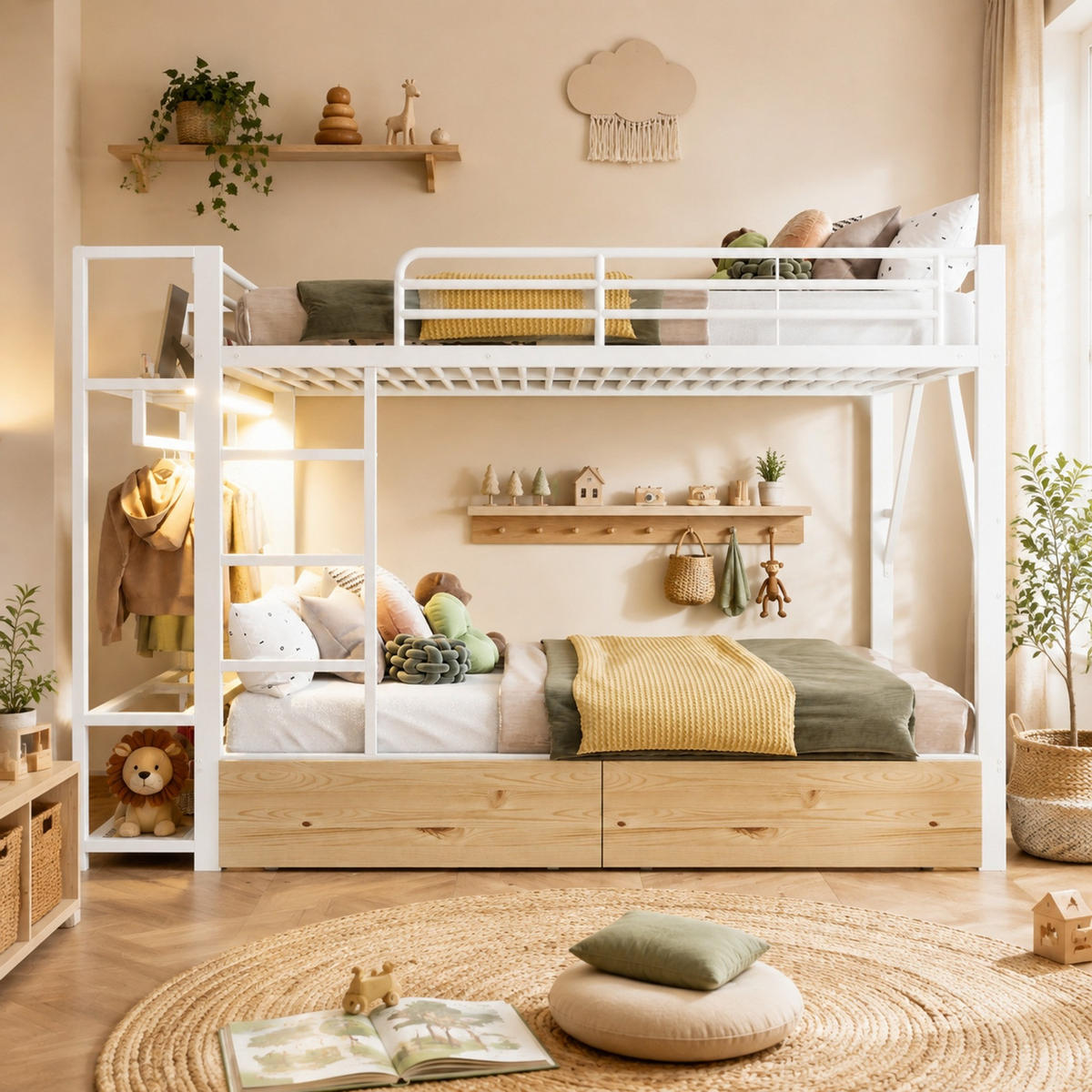 ETAGENBETT 140/200 mit LED, 2 Schubladen und Kleiderstange in Weiß - Weiß, Holzwerkstoff/Metall (140/200cm) - EVRYAE