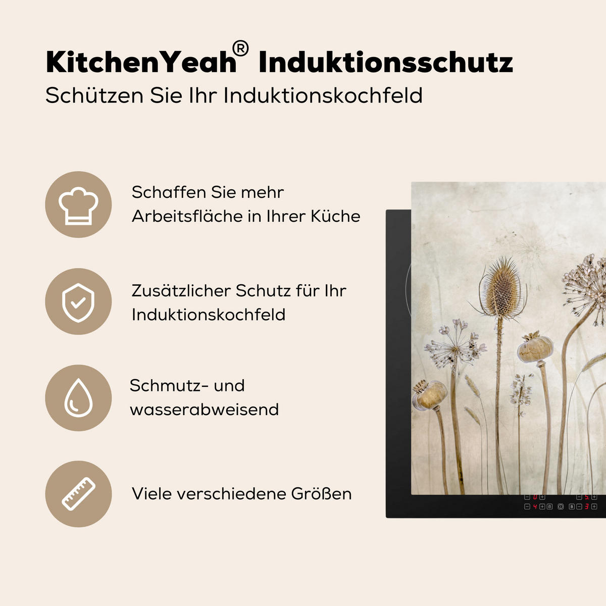HERDABDECKPLATTE Blumen - Aquarell - Stilleben - Braun - Vintage 78x78 cm - Sandfarben, Kunststoff (78/0.2/78cm) - MuchoWow