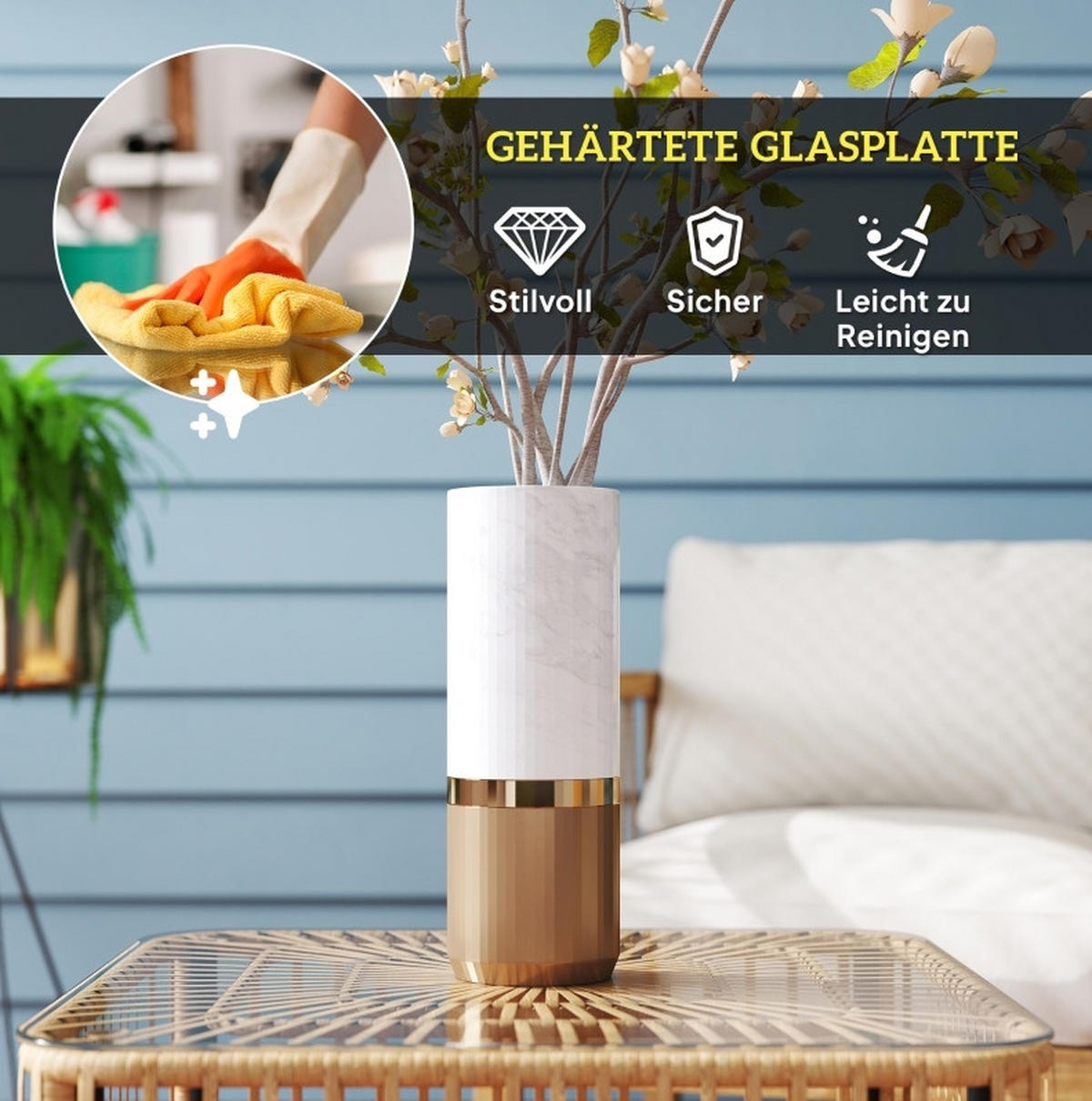 GARTENTISCH aus Rattan 65x65x43 cm Naturfarbe mit Glasplatte - Naturfarben, Glas (65/65/43cm) - Modfu