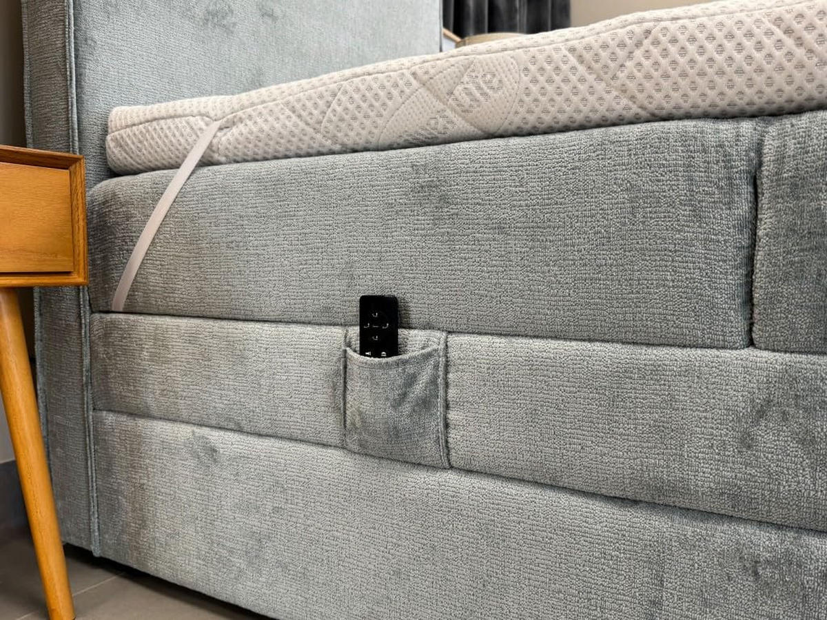 BOXBETT Sorrento - Elektrische Bett mit Matratze + Tooper, Kopfteil und Bettkasten - Stoffbezug Veloursstoff - 100x200 cm - Blau - Blau, Holzwerkstoff/Kunststoff (100/200cm) - Trada