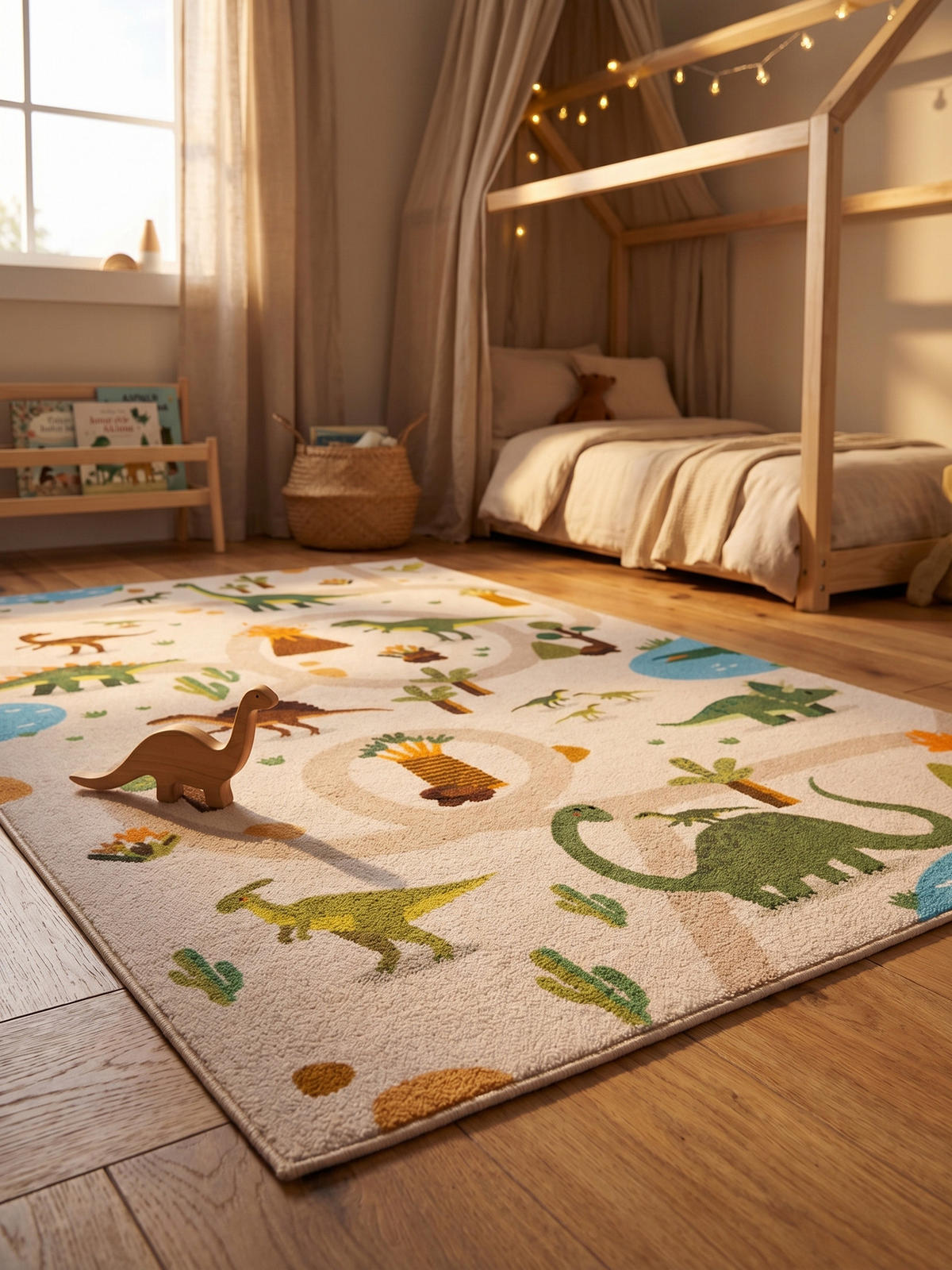 KINDERTEPPICH Kurzflor Dinosaurier-Landschaft Waschbar OEKO-TEX Spielteppich Jungen Mädchen Beige 120x170 – TINO - Beige, Textil (120/170cm) - KADIMA DESIGN