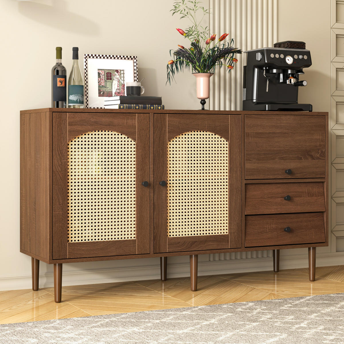 SIDEBOARD im Landhausstil 130 x 40 x 75,5 cm Holzoptik mit Rattantüren - Braun, Holzwerkstoff (130/75.5/40cm) - Meubliv