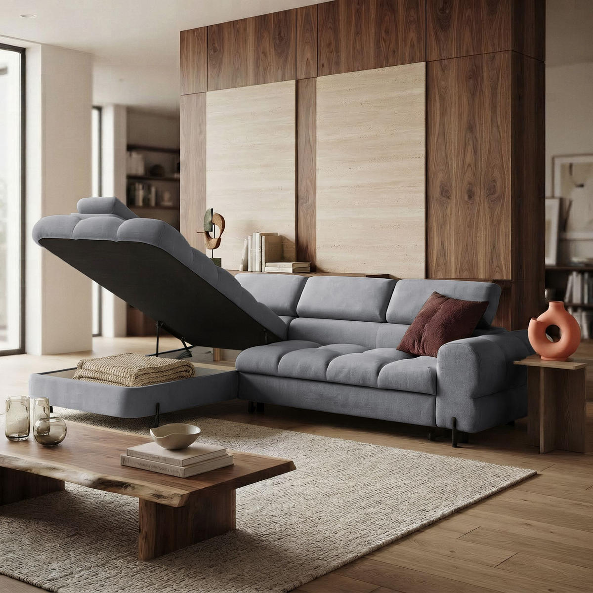 ECKSOFA BOWL L Links mit Schlaffunktion 125x195 Velours Dunkelgrau - Dunkelgrau/Schwarz, Holz/Textil (260/195cm) - Muffo
