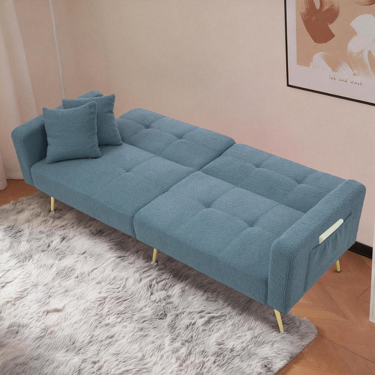 SCHLAFSOFA Lammwollstoff mit Bettfunktion und Seitentaschen Antikblau 175/64/72 cm - Blau, Textil (64/72/175cm) - Redom