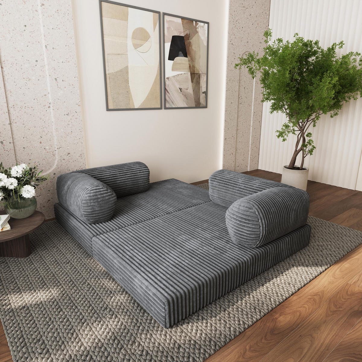 ECKSOFA ETERA modulares Boneless Sofa mit Schlaffunktion Grau Cordstoff - Dunkelgrau, Textil (270/160cm) - MASSENO