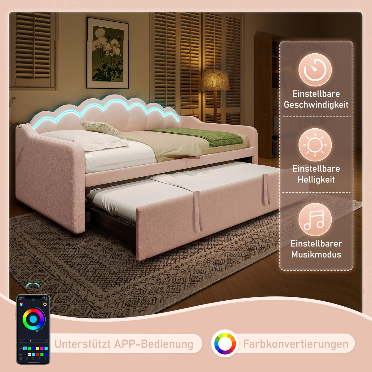 SCHLAFSOFA 90/200 cm & 90/200 cm in Rosa Samt mit Ausziehbett und LED - Rosa, Holzwerkstoff/Textil (90/200cm) - WISHDOR