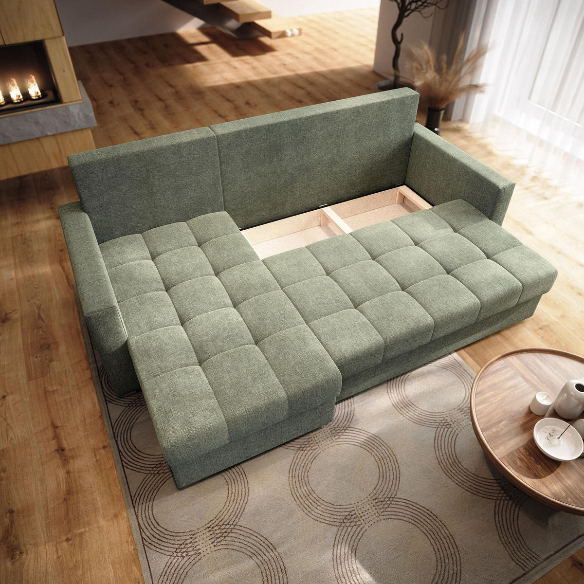 ECKSOFA NIDA Grün Geflochtener Stoff mit Schlaffunktion - Grün, Holz (220/143cm) - MASSENO