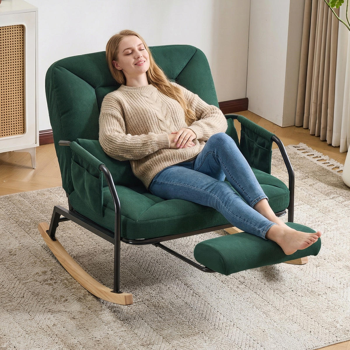 SCHAUKELSTUHL,ÜBERGROSS mit Fußstütze verstellbare Lehne Metallholz Cord,grün - Grün, Textil (87/89/88cm) - Vallsero