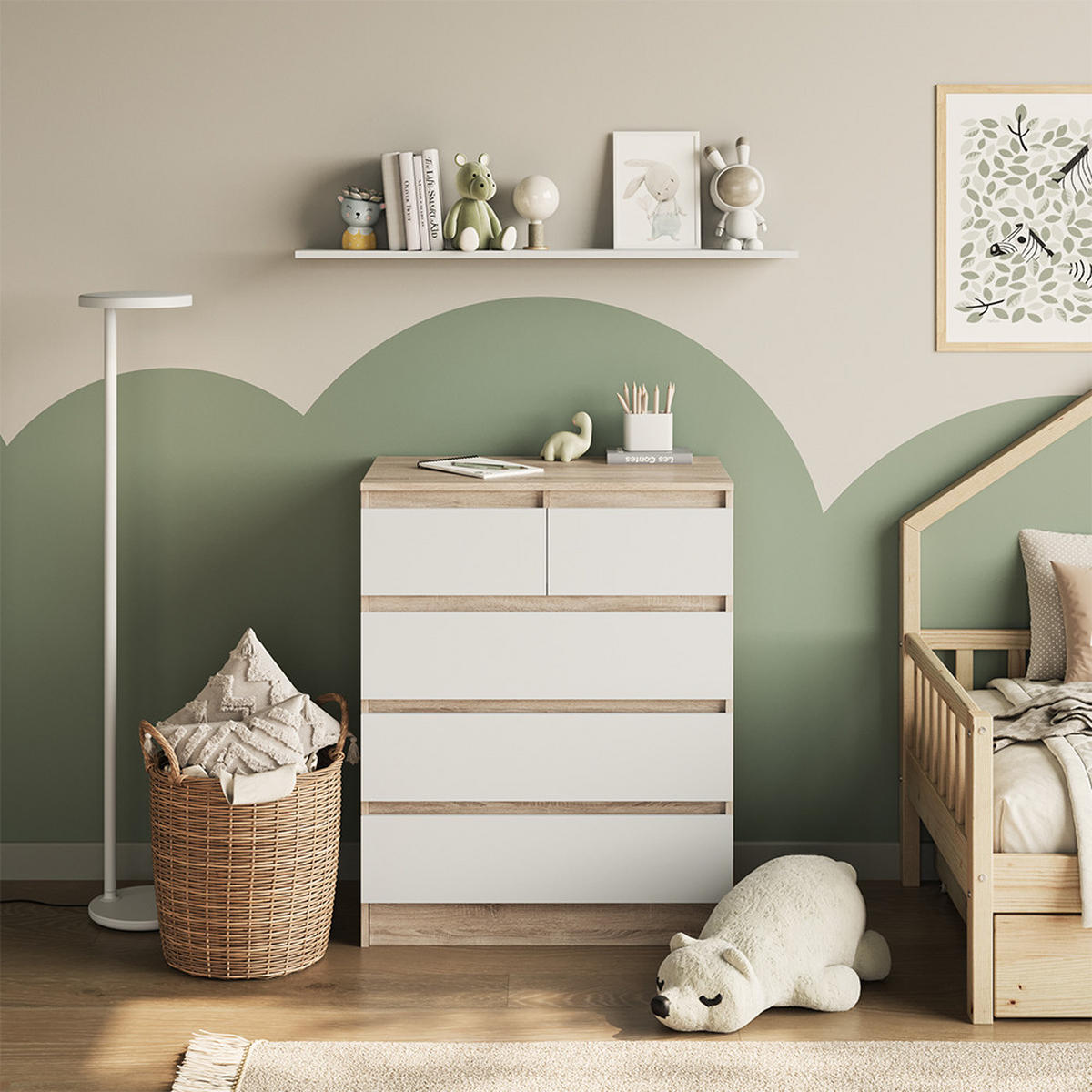 KOMODA ZA PRESVLAČENJE Emma Sonoma/Bijelo 80 x 110.2 cm s 5 ladica - bijela/hrast Sonoma, drvni materijal (80/110.2/76cm) - Vicco