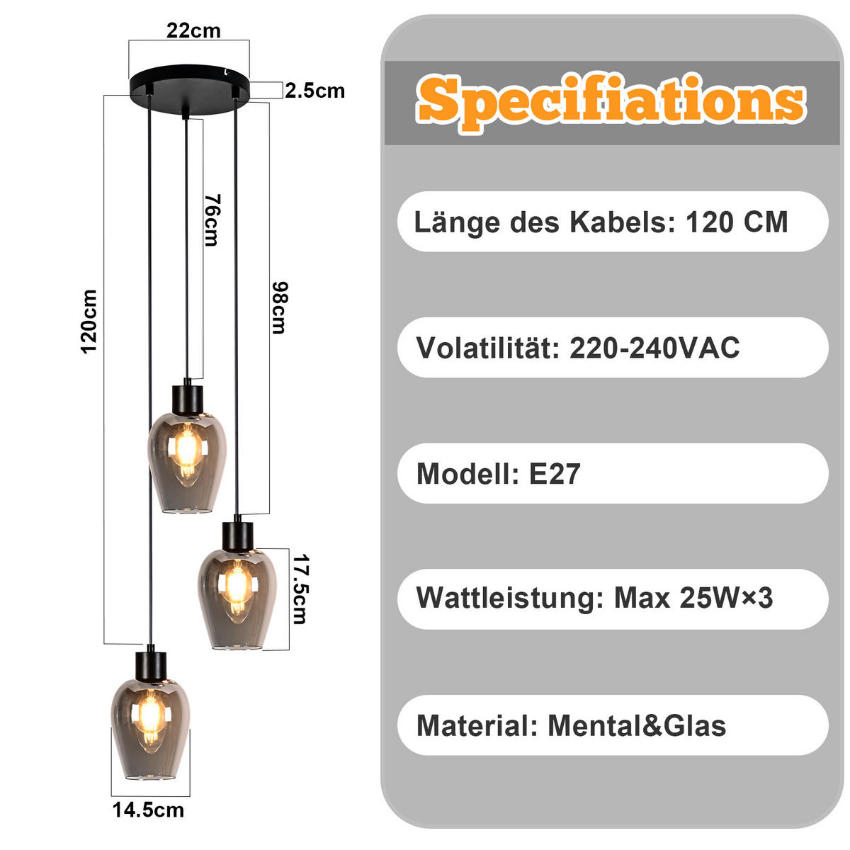 PENDELLEUCHTE Paul 22/22/120 cm - Schwarz, Glas (22/22/120cm) - ZMH