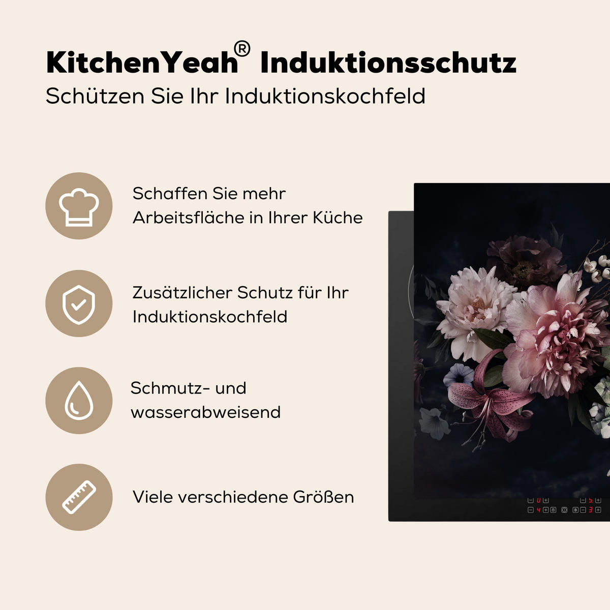 HERDABDECKPLATTE Blumen - Vintage - Pastell - Rosa - Weiß 59x51 cm - Altrosa, Kunststoff (59/0.2/51cm) - MuchoWow